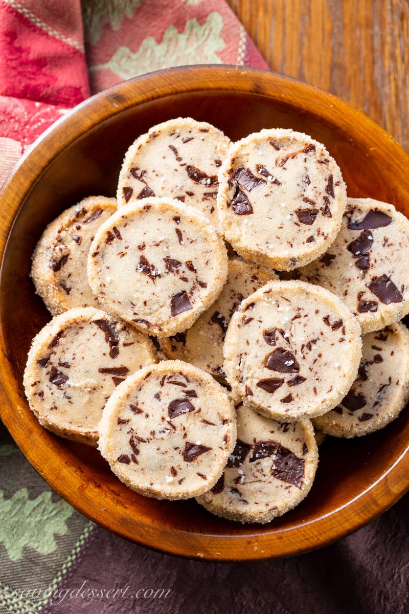 A bowl of Salted Chocolate Chunk Shortbread Cookies