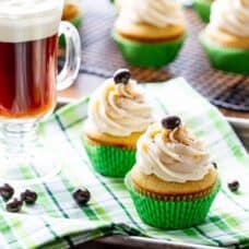Irish Coffee Cupcakes with a mug of Irish coffee