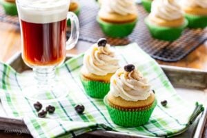 Irish Coffee Cupcakes with a mug of Irish coffee