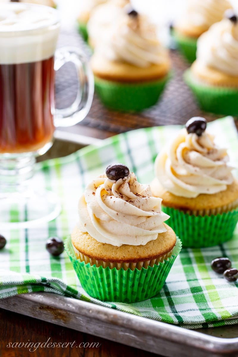 Irish Coffee Cupcakes with swirled icing and an espresso bean on top