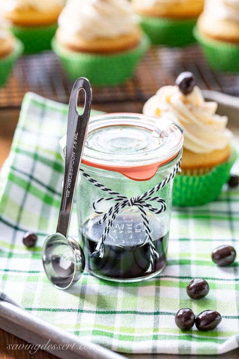 A jar of homemade Coffee Extract with Irish Coffee Cupcakes