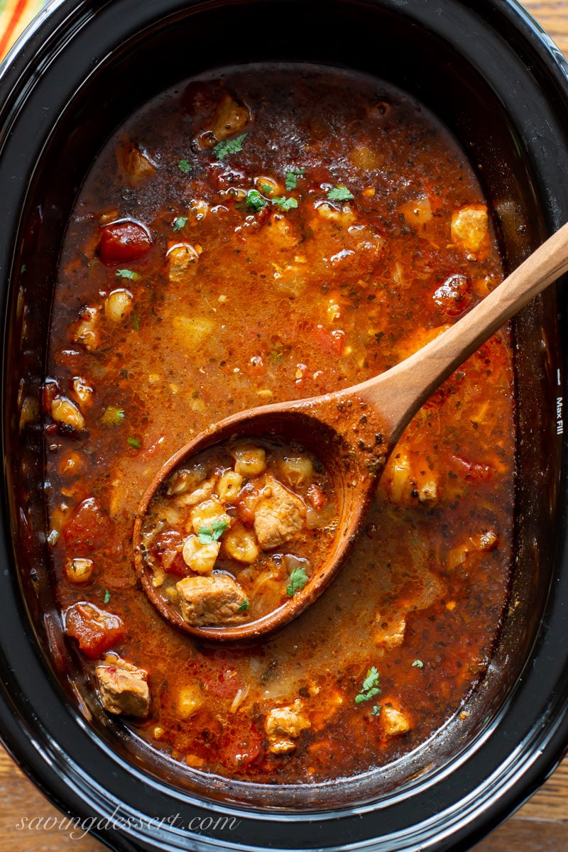 Slow-Cooker Pork Posole with hominy, tomatoes and chunks of tender pork