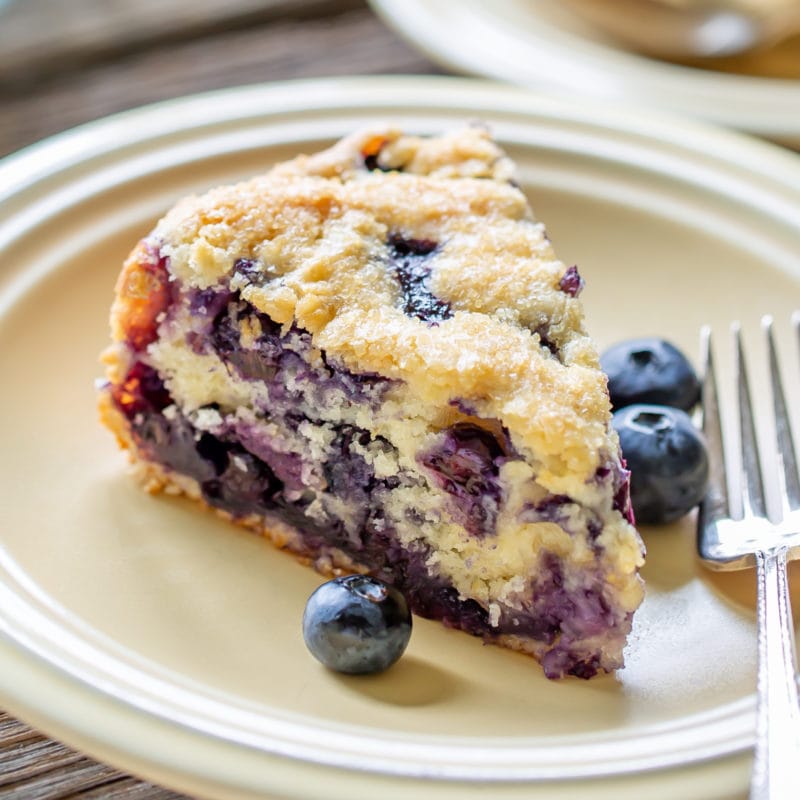 A slice of blueberry cake on a plate