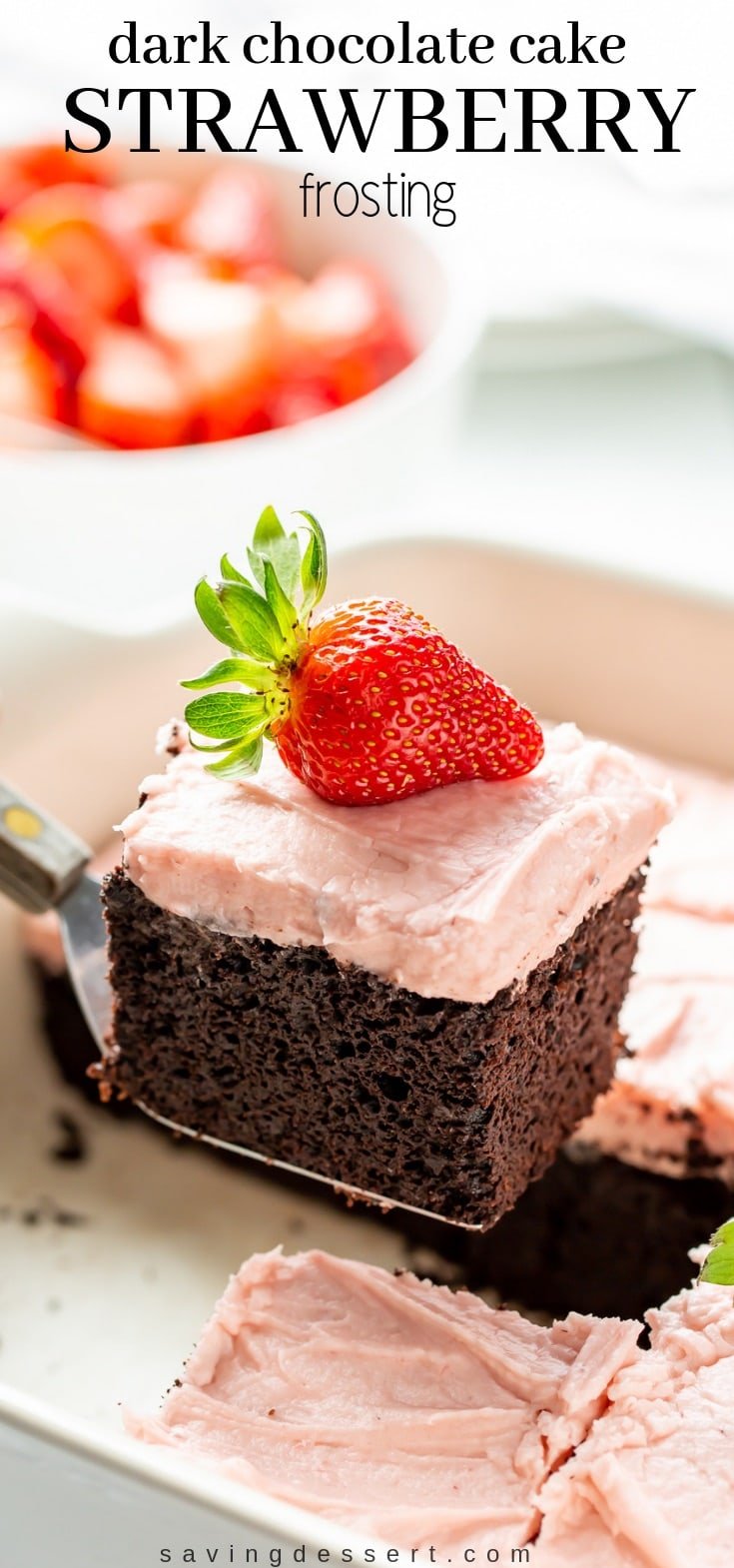 Enjoy this rich Dark Chocolate Sheet Cake slathered with fresh Strawberry Frosting -  a delicious match made in heaven! #darkchocolatecake #chocolatesheetcake #chocolatecake #strawberryicing #freshstrawberryfrosting #strawberryfrosting #strawberry