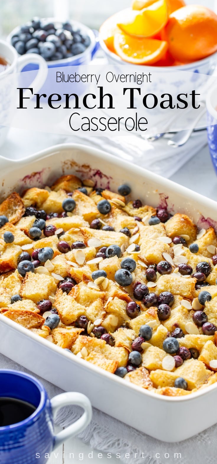 Blueberry Overnight French Toast Casserole - anybody can make this delicious weekend brunch favorite easily assembled the night before then baked in the morning. #frenchtoast #blueberrycasserole #blueberryfrenchtoast #breakfastcasserole #overnightcasserole ##blueberryfrenchtoastcasserole #overnight #brunch #breakfast #mothersday