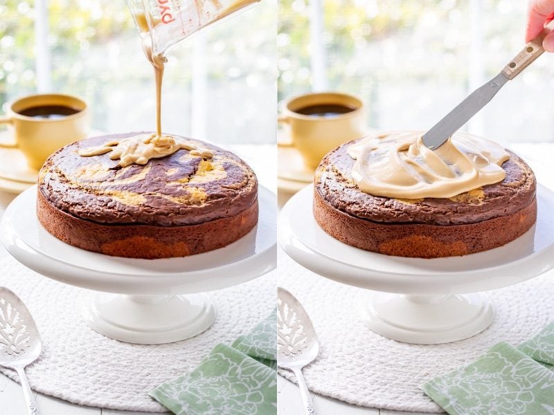 A collage of photos drizzling and spreading a glaze on an Irish Cream Breakfast Cake