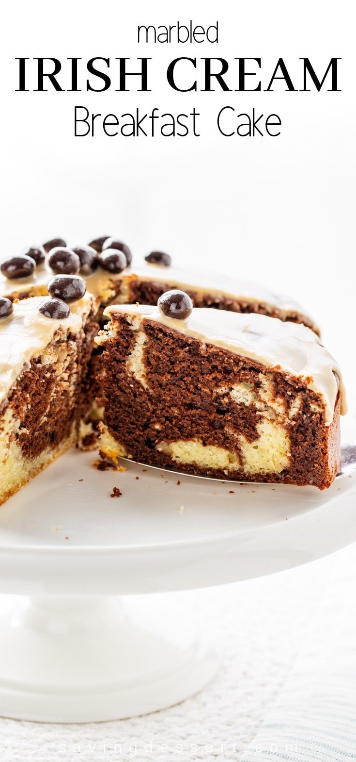 Marbled Irish Cream Breakfast Cake has a soft, tender crumb and layers and layers of flavor from the coffee extract and luscious Irish cream! #Irishcream #breakfastcake #coffeecake #mochacake #irishcreamcake #irishcreambreakfastcake #cake #easycake #brunchcake