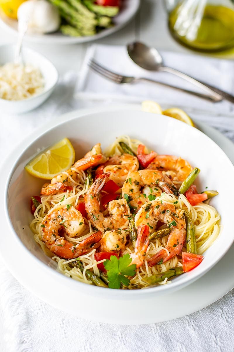 Sprimp Scampi over angel hair pasta with fresh grated Parmesan