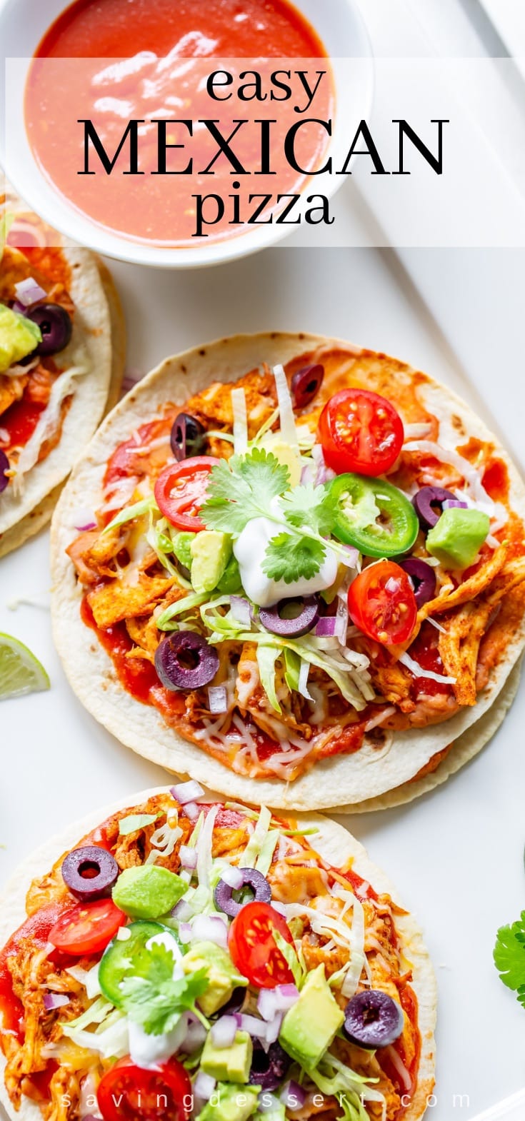 Try our Easy Mexican Pizza layered with refried beans, spicy chicken, onions, shredded cheese and plenty of taco sauce then top with your favorite add-ons! #mexicanpizza #tacopizza #easytacopizze #medican #cincodemayo #tacobellcopycat