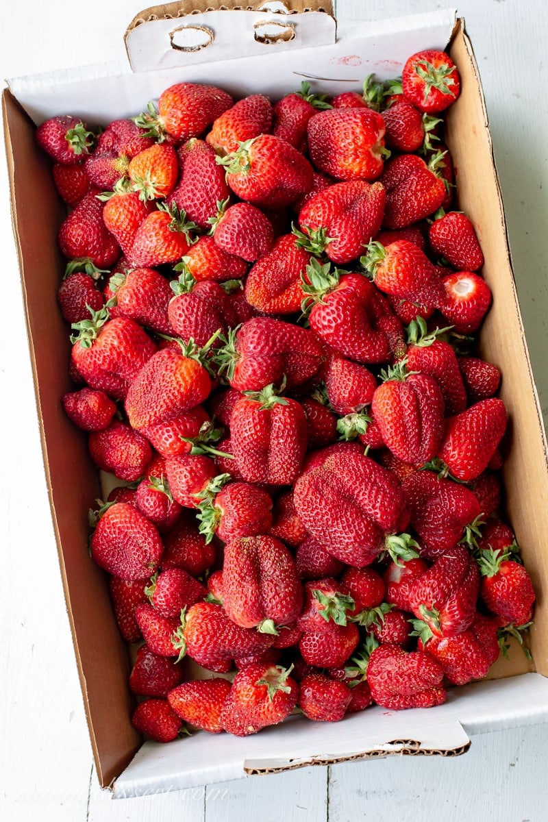 A box of fresh picked strawberries