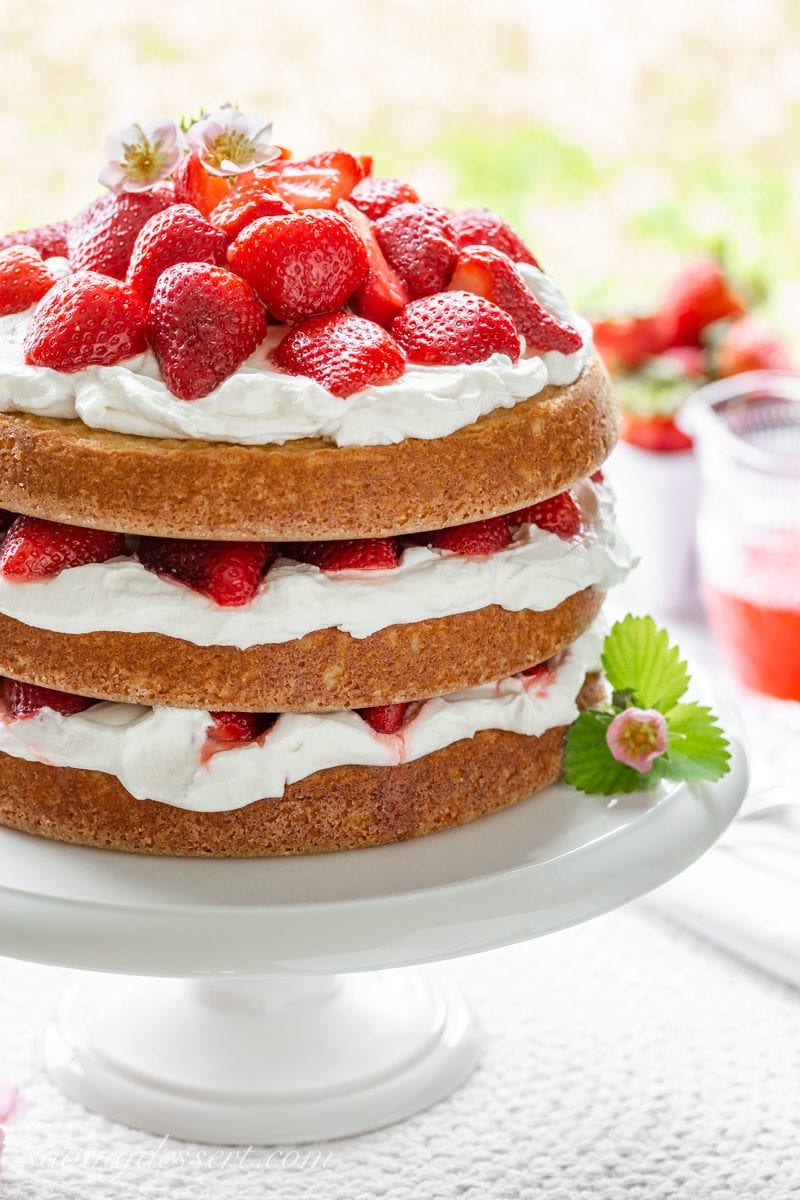 A big three layer strawberry shortcake cake with layers of whipped cream and red ripe strawberries