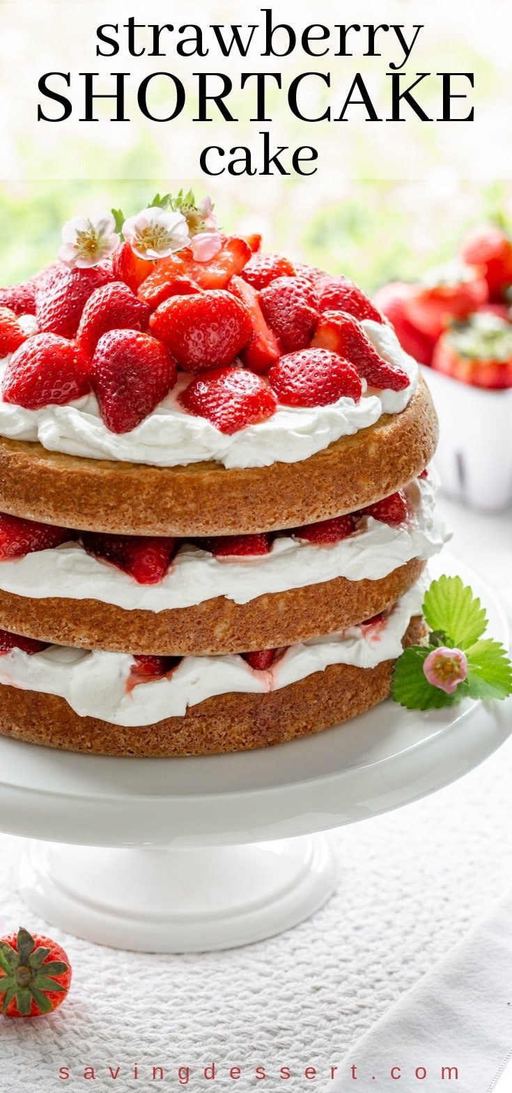 A three layer Strawberry Shortcake Cake piled high with fresh strawberries and topped with strawberry blossoms