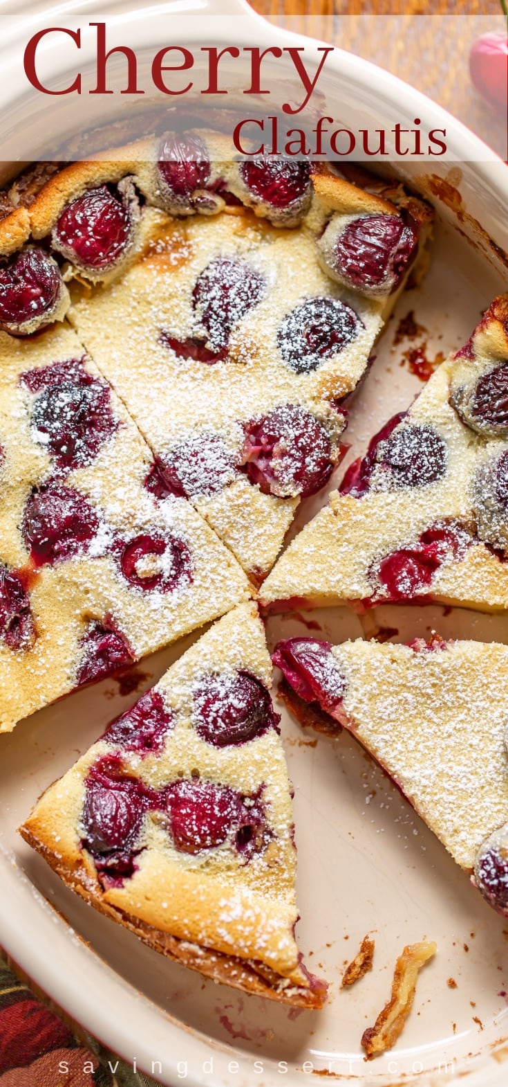 Wedges of sliced Cherry Clafoutis dusted with powdered sugar
