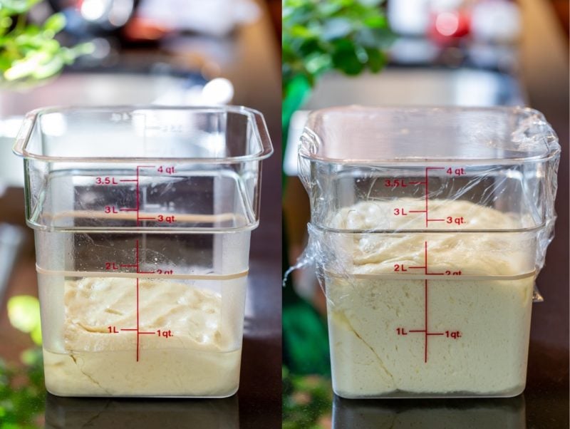 Two containers with homemade sweet rolls dough - one proofed and risen