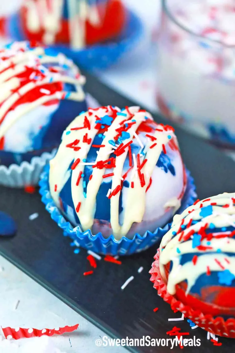 Closeup of patriotic hot cocoa balls