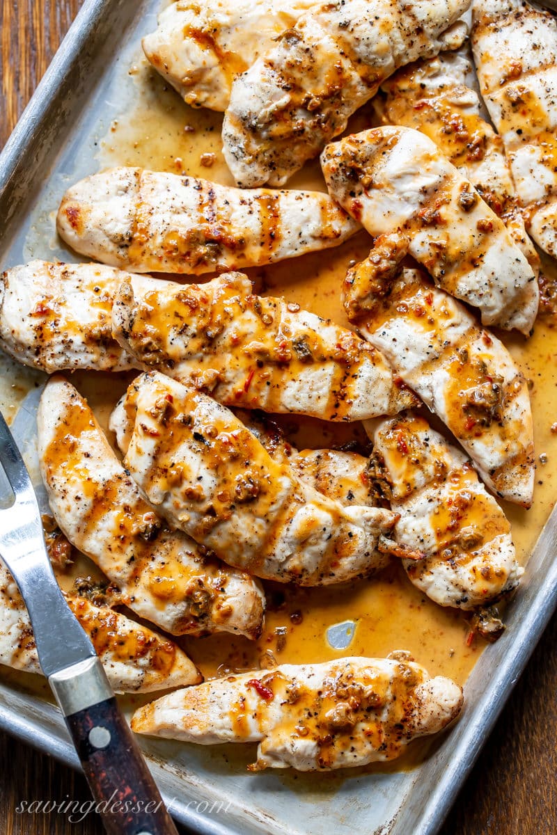 Chicken tenders tossed in a spicy sauce made with honey, chipotle chiles and orange juice