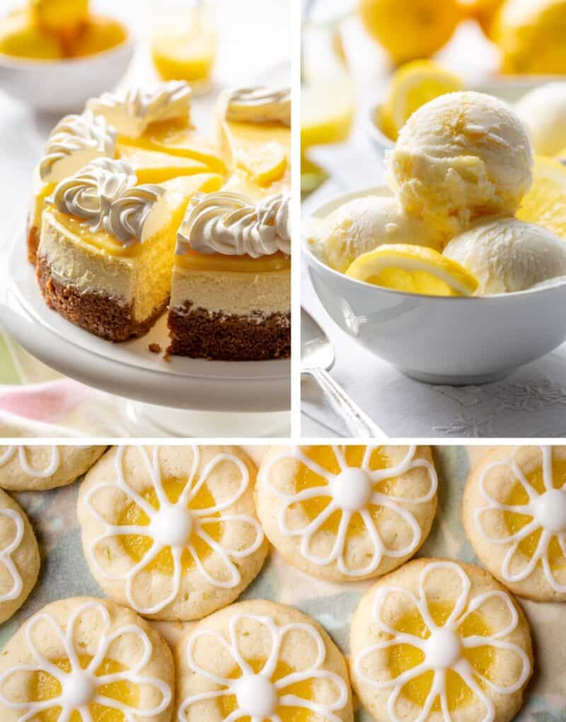 A collage of photos showing desserts with lemon curd.