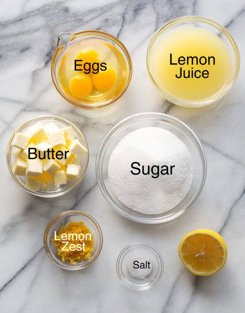 A collage of ingredients used to make lemon curd like butter, eggs, sugar and lemon juice.