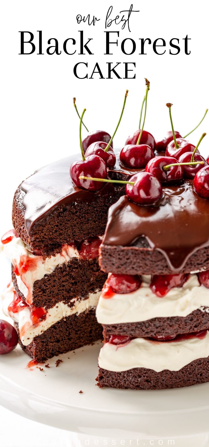 A sliced three layer Black Forest Cake draped in chocolate ganache and topped with fresh cherries