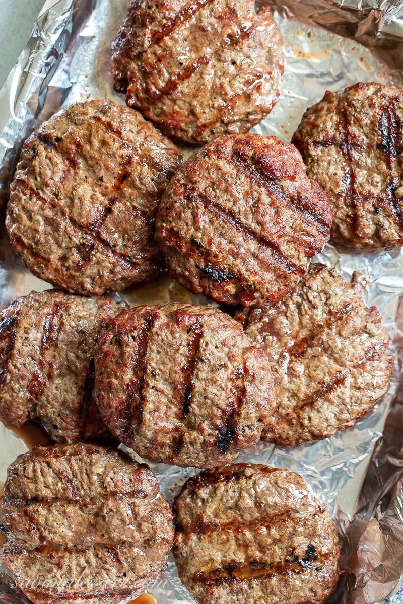 A tray of grilled hamburgers