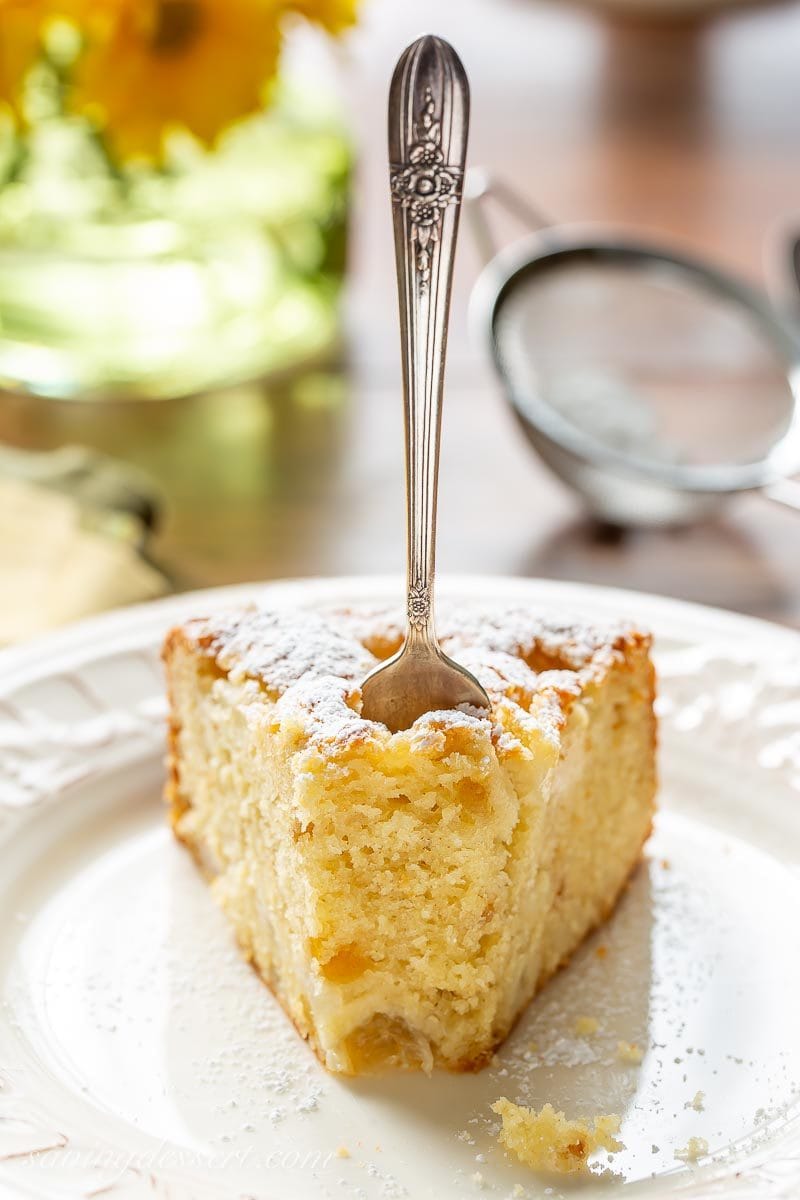 A slice of fresh pear cake with ginger