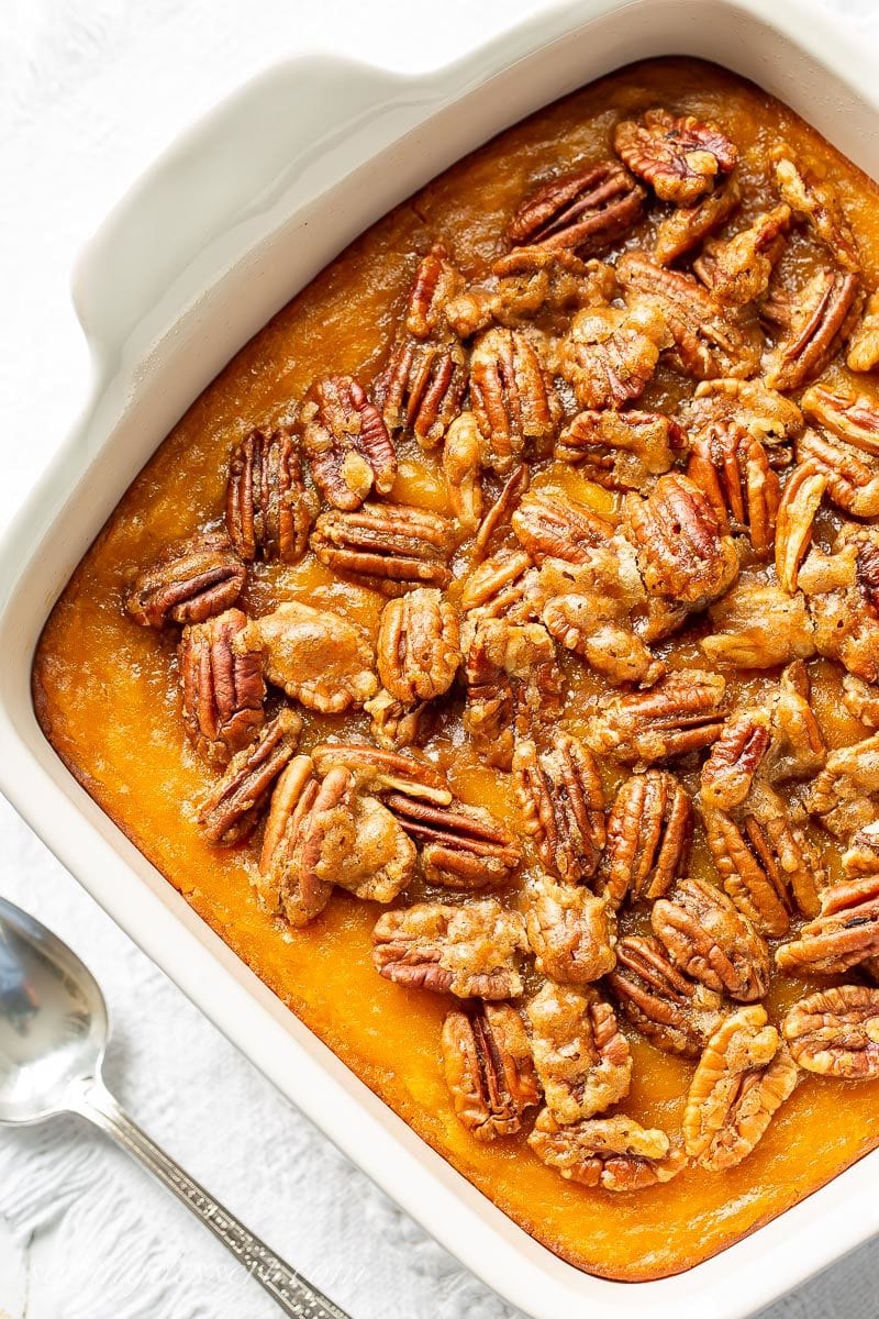 Butternut squash casserole topped with brown sugar pecans