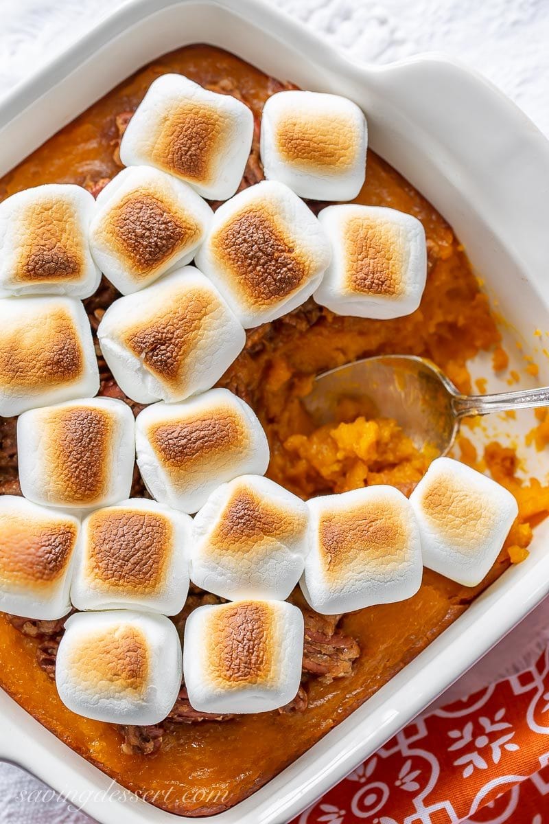 Butternut squash casserole topped with toasted marshmallows