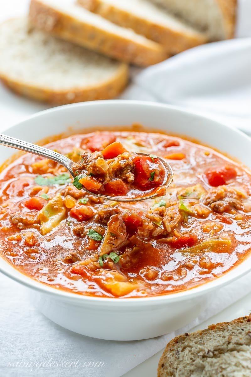 A bowl of cabbage roll soup