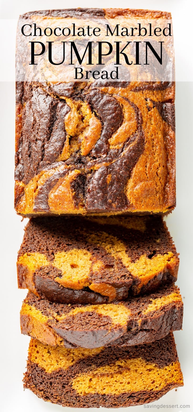 An overhead view of chocolate marbled pumpkin bread, sliced
