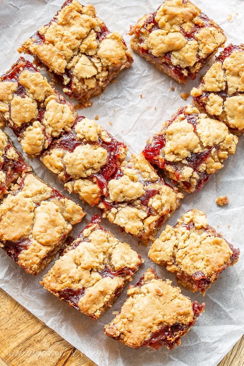 Peanut butter and jelly bars cut into individual square pieces