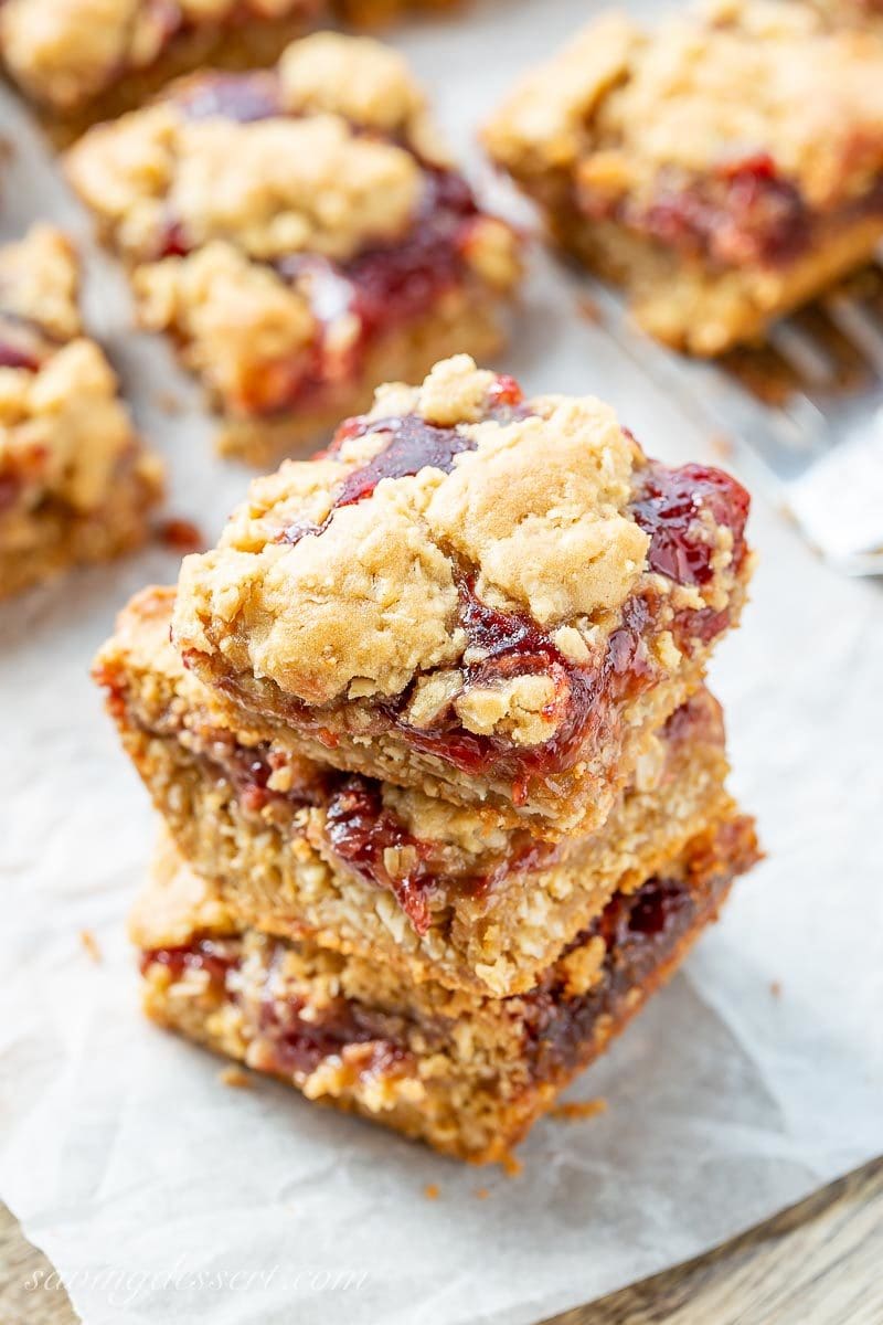 A stack of peanut butter and jelly bars