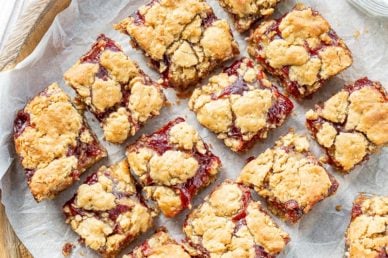 A tray of peanut butter and jelly bars cut into squares