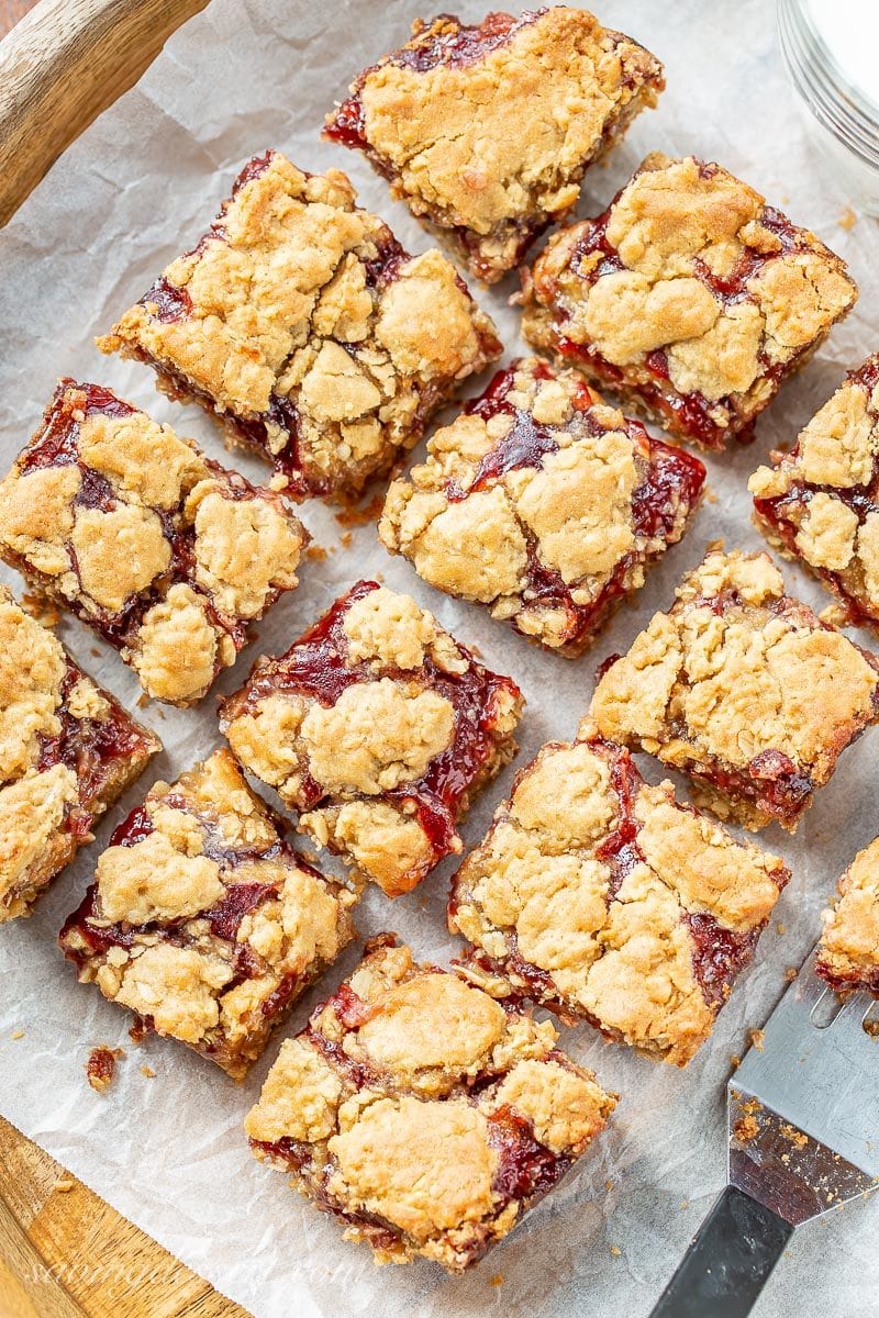 An overhead view of peanut butter and jam bars cut into squares