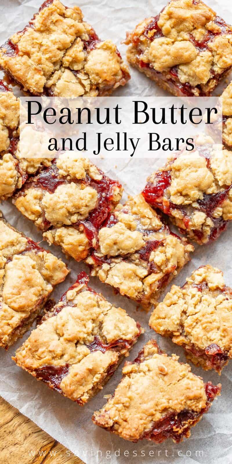 Overhead view of a tray of Peanut Butter and Jelly Bars