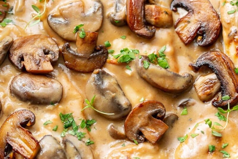 An overhead view of a skillet filled with chicken cutlets covered in a rich creamy wine sauce with mushrooms.