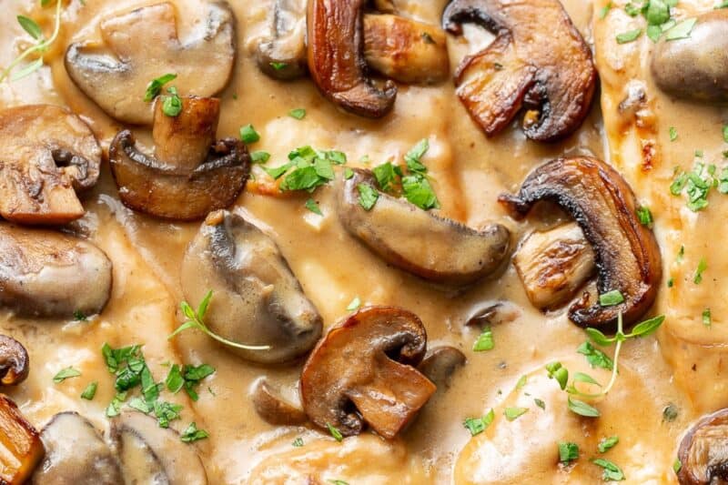 A closeup shot of a skillet filled with tender chicken breasts in a creamy mushroom wine sauce.