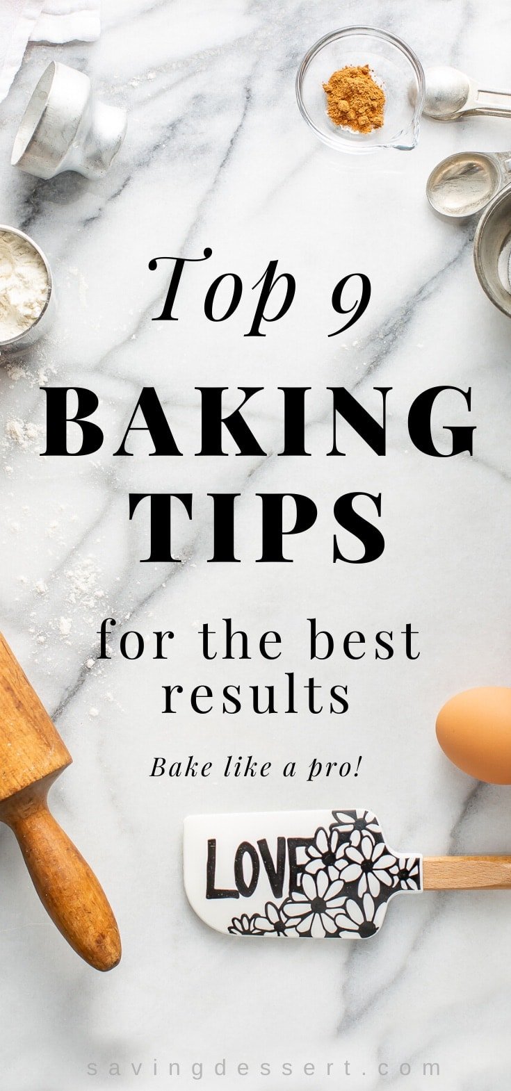A marble pastry board with a rolling pin, two eggs, a spatula and measuring cups showing some of our best baking tips