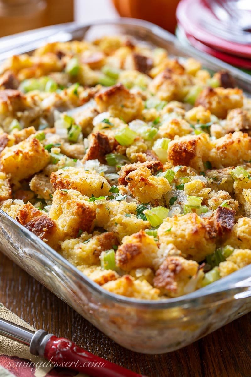 A casserole dish with Southern Cornbread Dressing