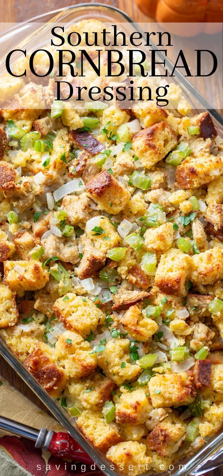 A casserole with Southern Cornbread Dressing