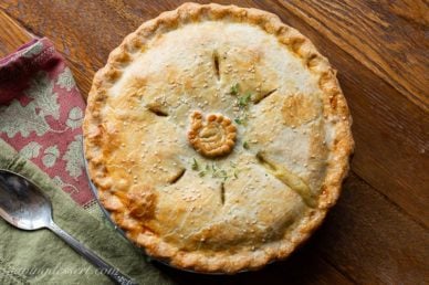 A turkey pot pie with golden crust