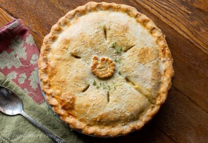 A turkey pot pie with golden crust