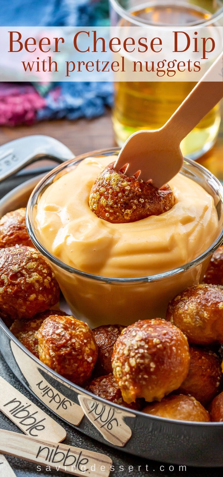 A platter of pretzel nuggets and hot beer cheese dip