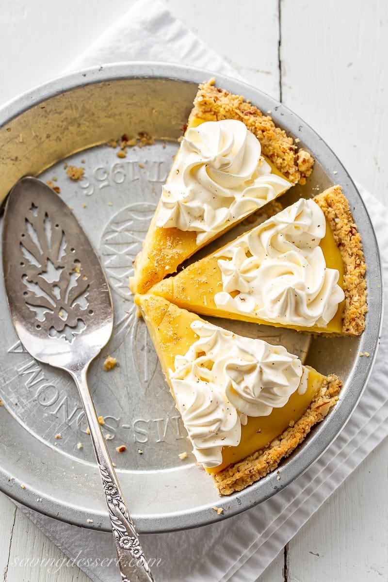 A few slices of eggnog pie in a pie plate