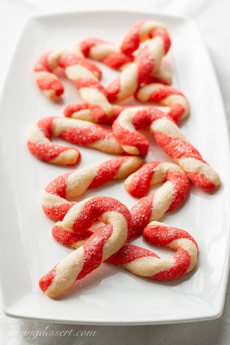 A platter of peppermint flavored candy cane cookies