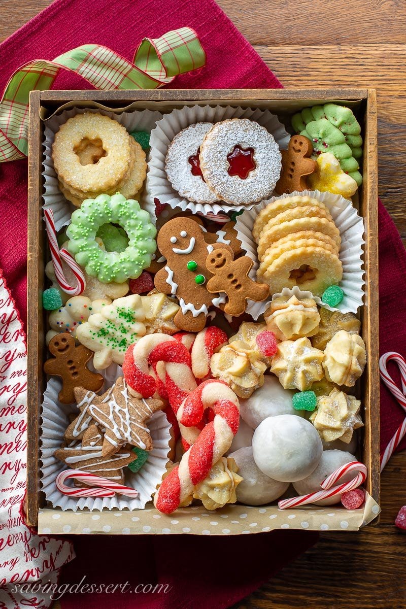 A box of assorted Christmas cookies