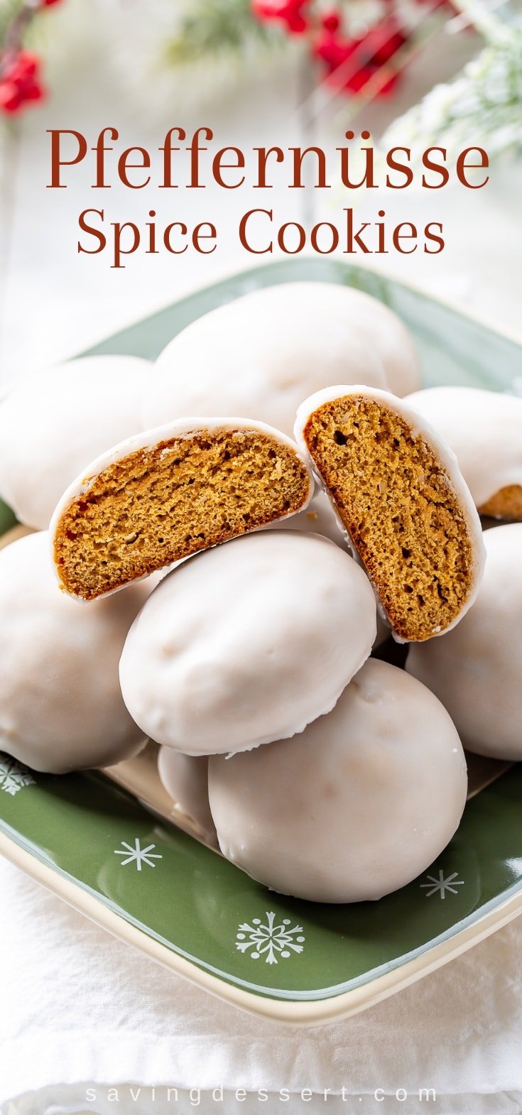 A plate of Pfeffernüsse Spice Cookies topped with a light lemon glaze