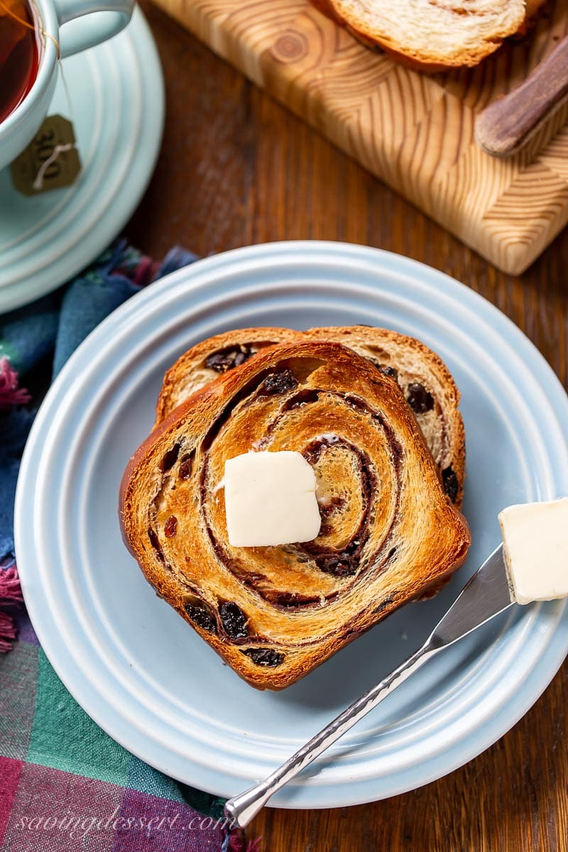 A toasted slice of cinnamon swirl bread with butter