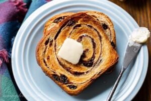 A toasted slice of cinnamon swirl bread