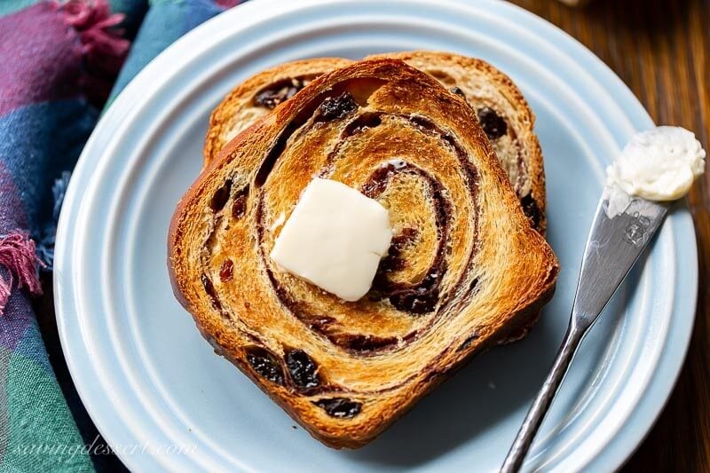 A toasted slice of cinnamon swirl bread