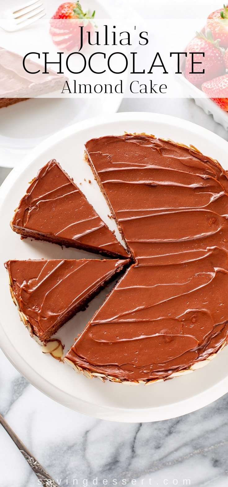 An overhead shot of a chocolate almond cake